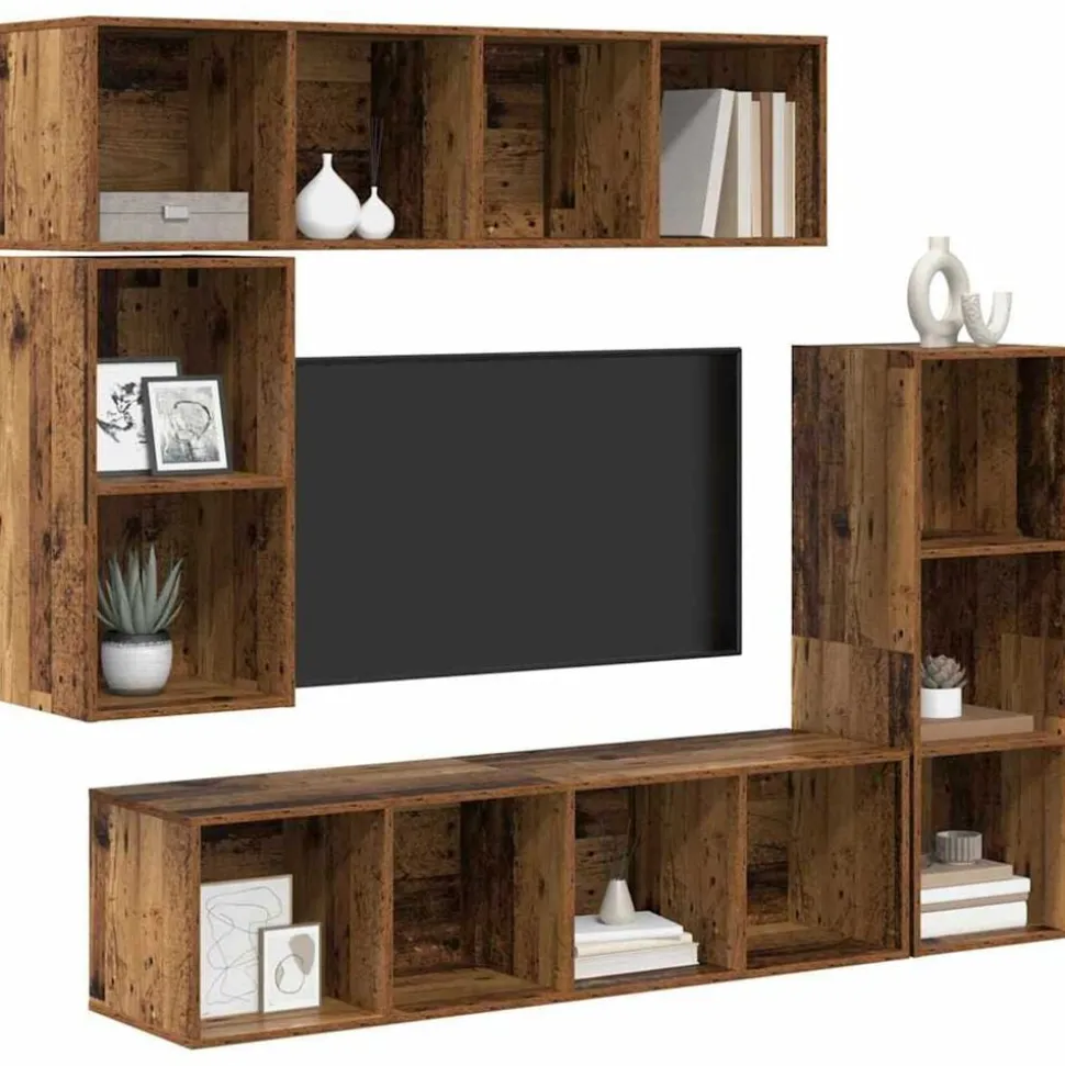 vidaXL Tv-meubelset Wandgemonteerd 4 pcs Oudhout Bewerkt hout