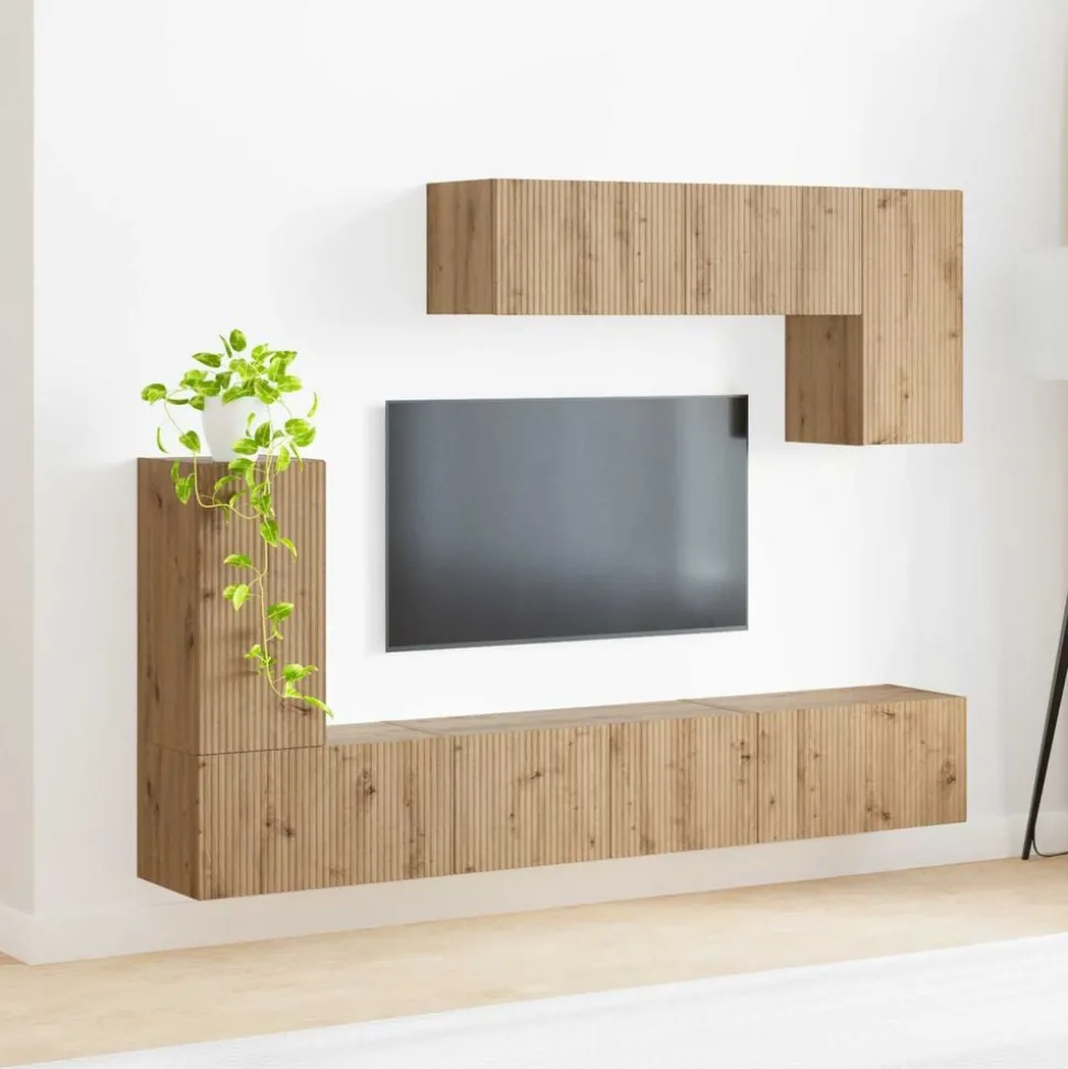 vidaXL Tv-meubelset Wandgemonteerd 5 pcs Zwart Bewerkt hout