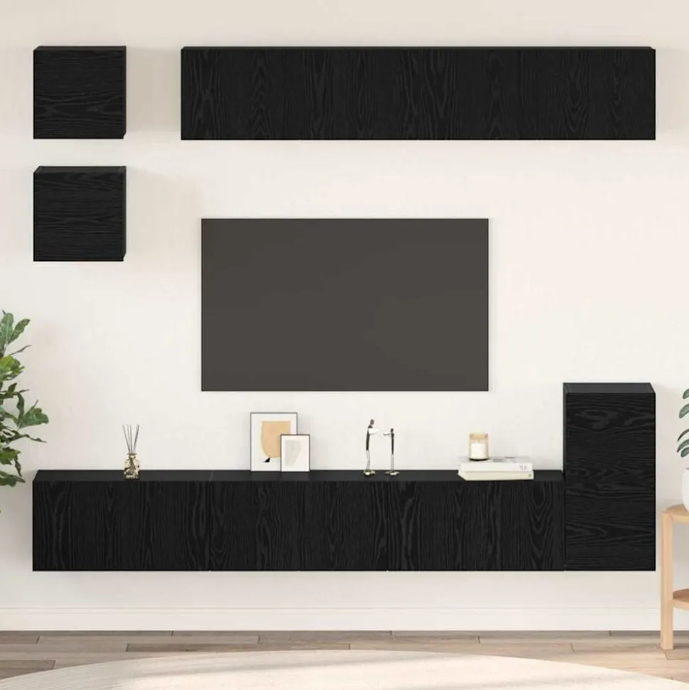 vidaXL Tv-meubelset Wandgemonteerd 8 pcs Zwart Eiken Bewerkt hout