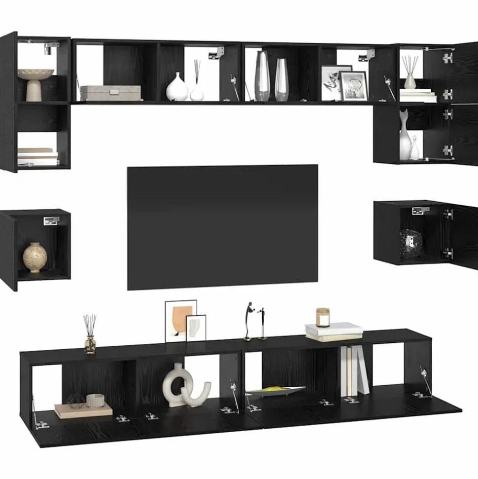 vidaXL Tv-meubelset Wandgemonteerd 8 pcs Zwart Eiken Bewerkt hout