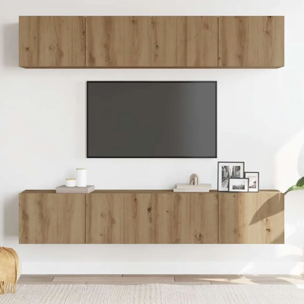 vidaXL Tv-wandkasten 4 st bewerkt hout artisanaal eikenkleurig