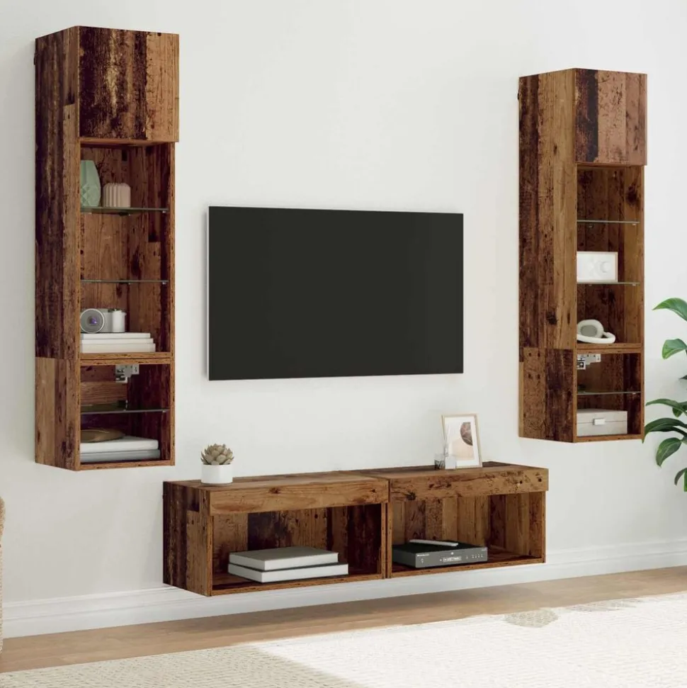vidaXL TV-wandmeubel met LED-striplichten 6 pcs Oud Hout Bewerkt hout
