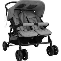 vidaXL Tweelingkinderwagen staal lichtgrijs