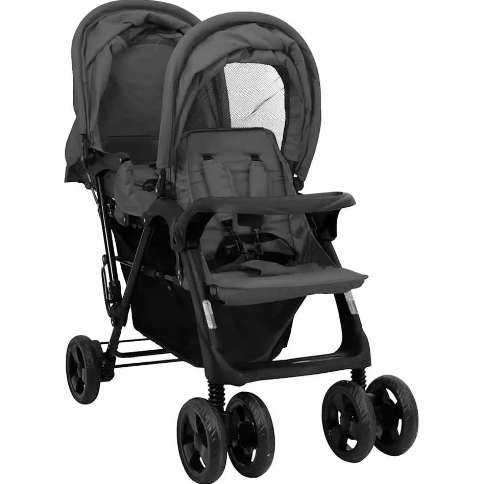 vidaXL Tweelingkinderwagen tandem staal donkergrijs