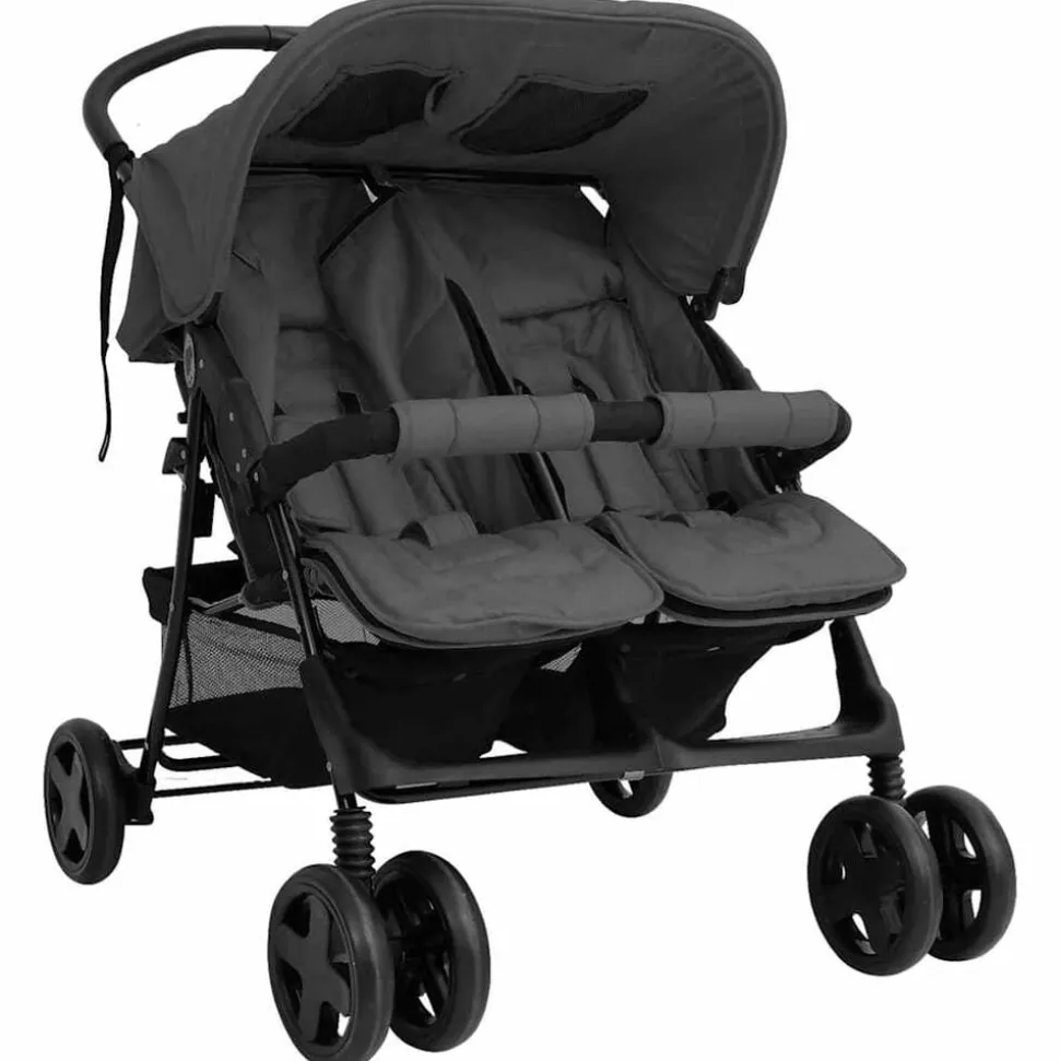 vidaXL Tweelingkinderwagen staal donkergrijs