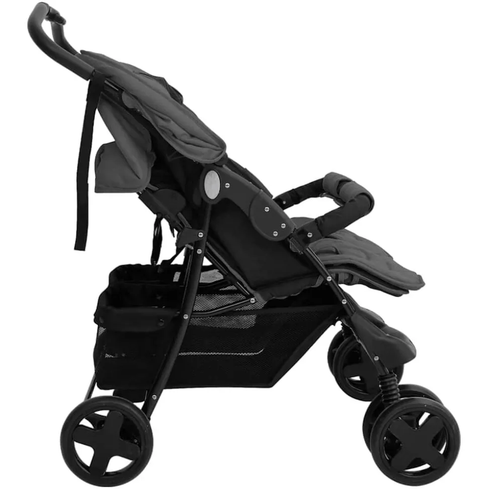 vidaXL Tweelingkinderwagen staal donkergrijs