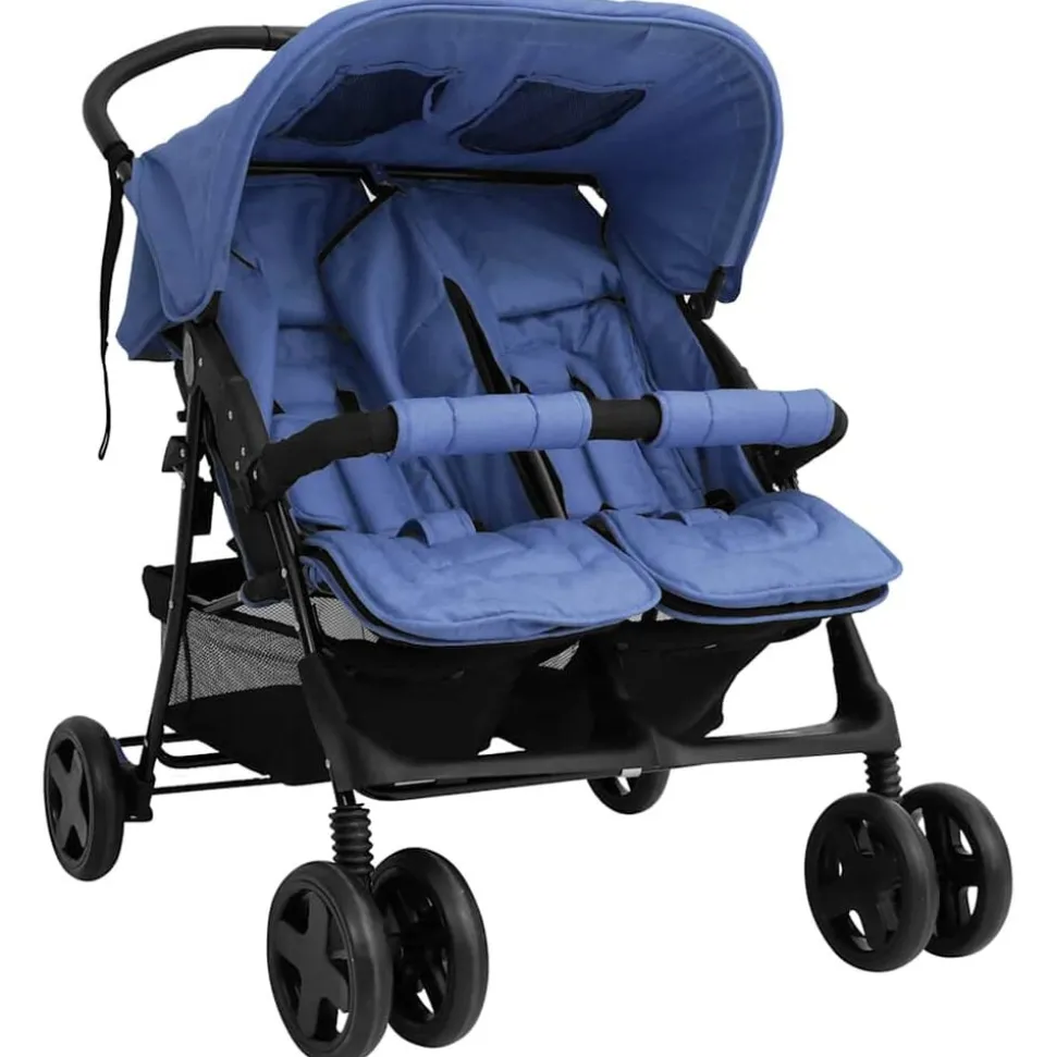 vidaXL Tweelingkinderwagen staal marineblauw