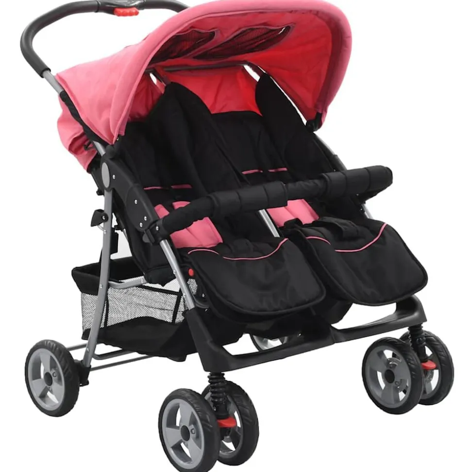 vidaXL Tweelingkinderwagen staal roze en zwart