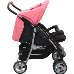 vidaXL Tweelingkinderwagen staal roze en zwart