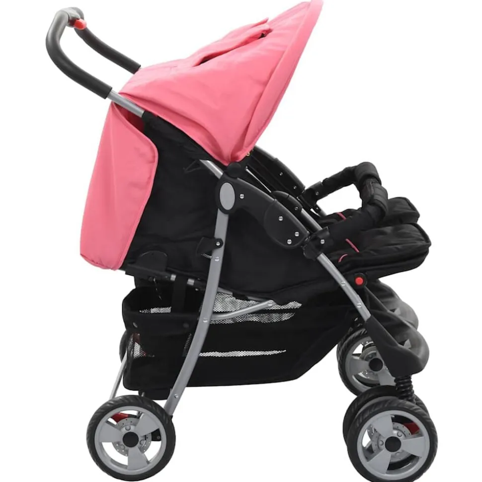 vidaXL Tweelingkinderwagen staal roze en zwart