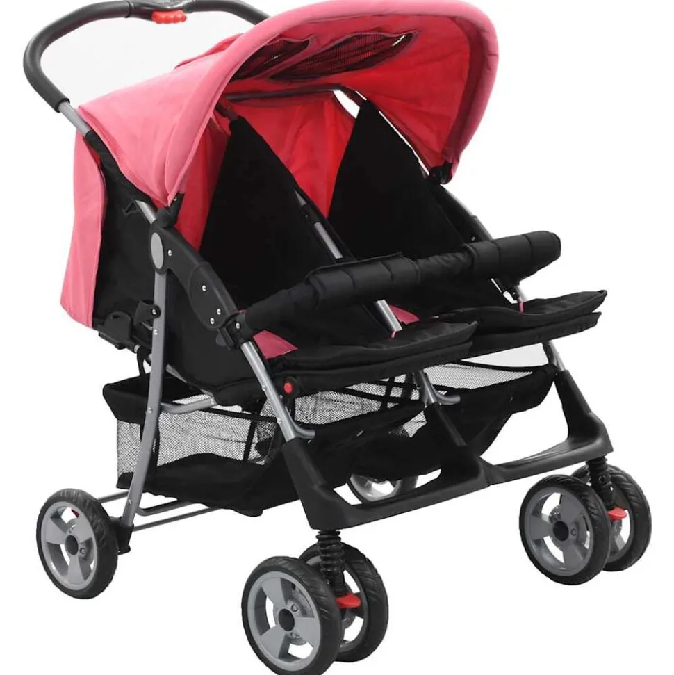 vidaXL Tweelingkinderwagen staal roze en zwart