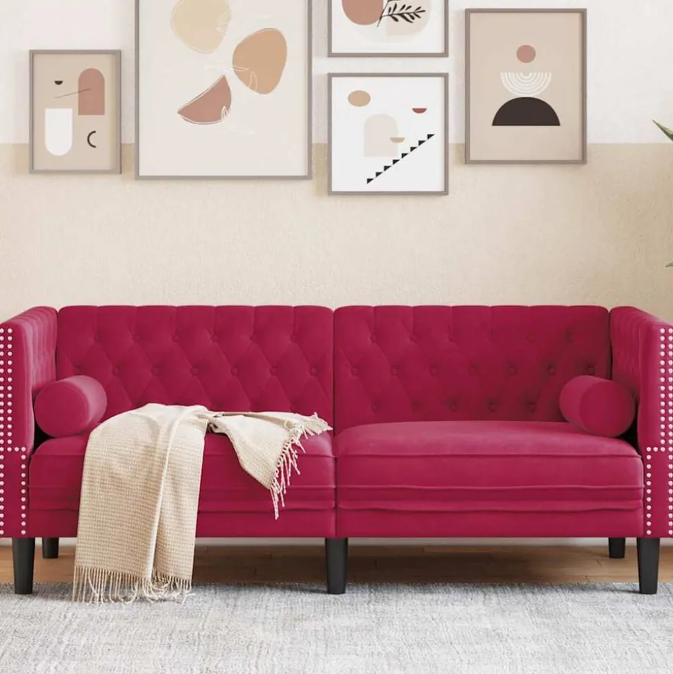 vidaXL Tweezitsbank Chesterfield-stijl en bolsters fluweel wijnrood
