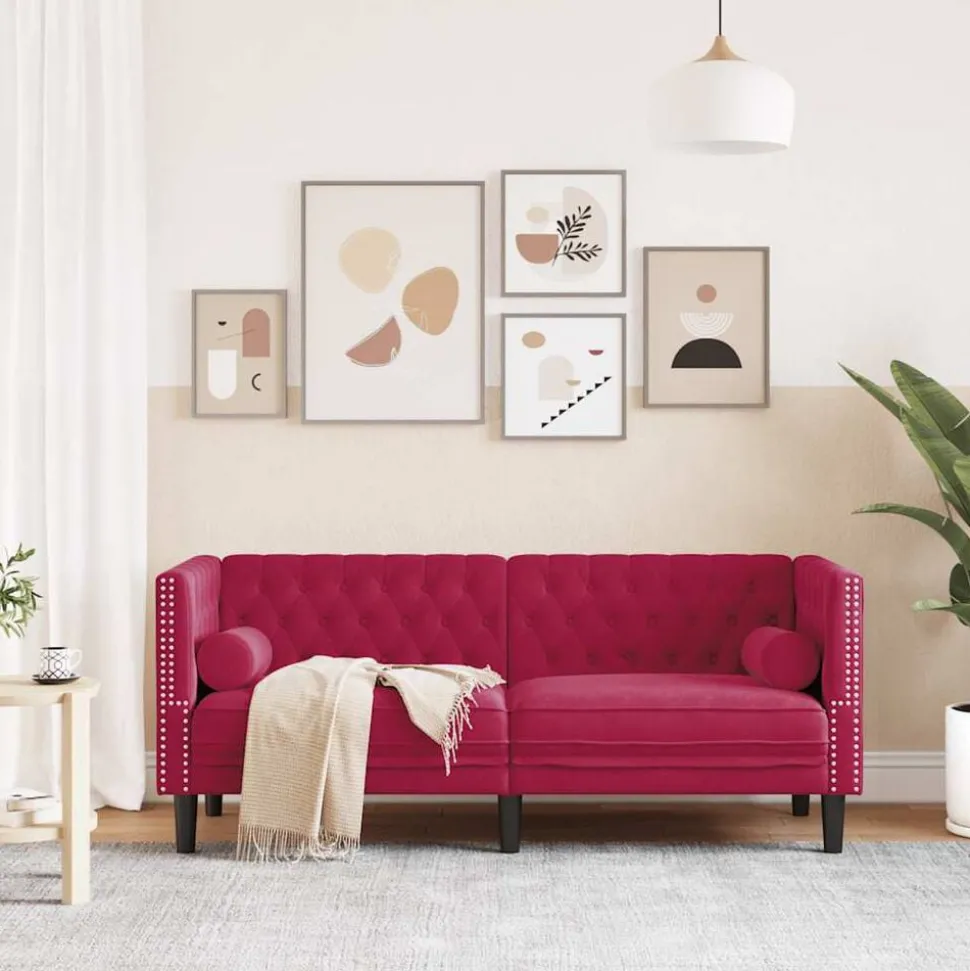 vidaXL Tweezitsbank Chesterfield-stijl en bolsters fluweel wijnrood