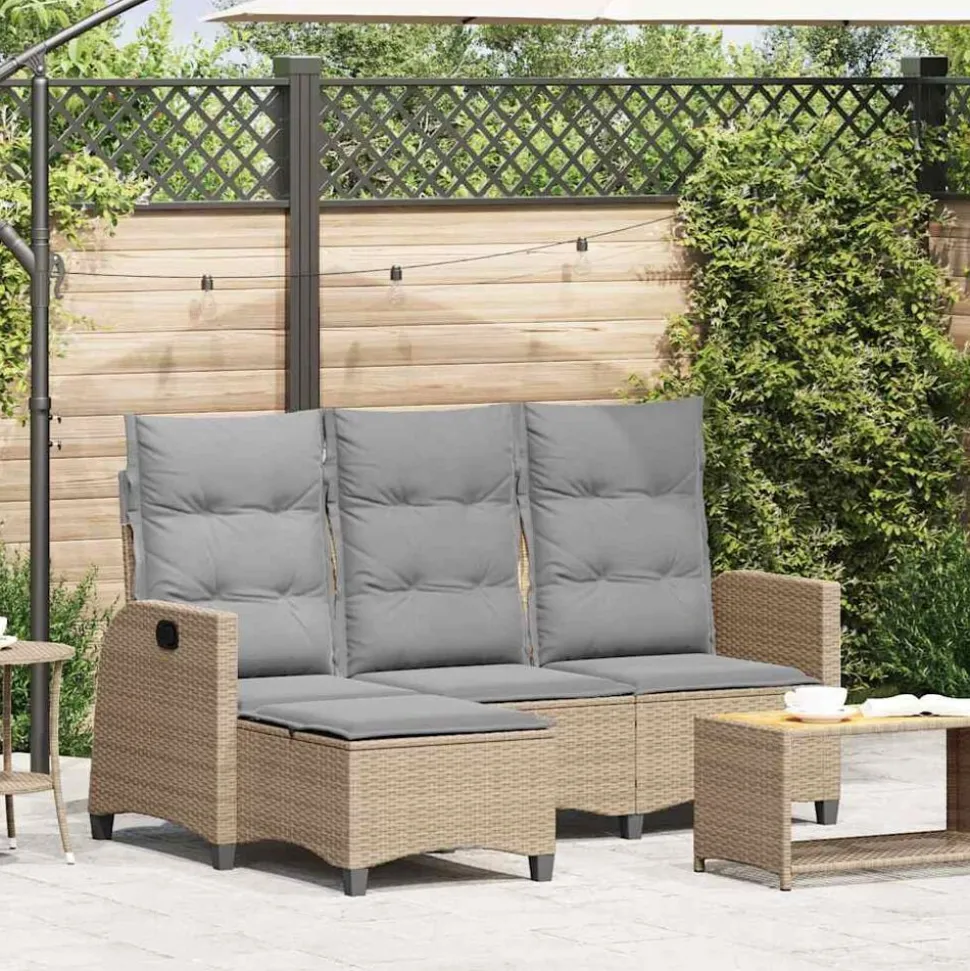 vidaXL Verstelbare tuinbank met kussens L-vormig beige poly rattan