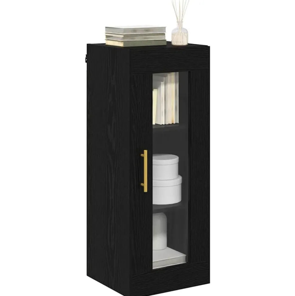 vidaXL Wandkast Zwart Eiken 34,5 x 34 x 90 cm Geengineerd Hout en Glas