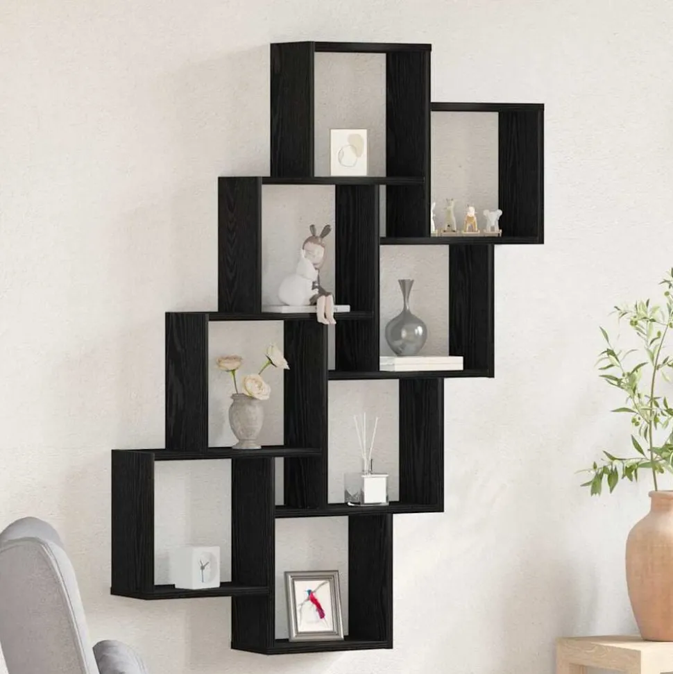 vidaXL Wandplank met plank Zwart Eiken 90 x 15 x 119,5 cm Bewerkt hout