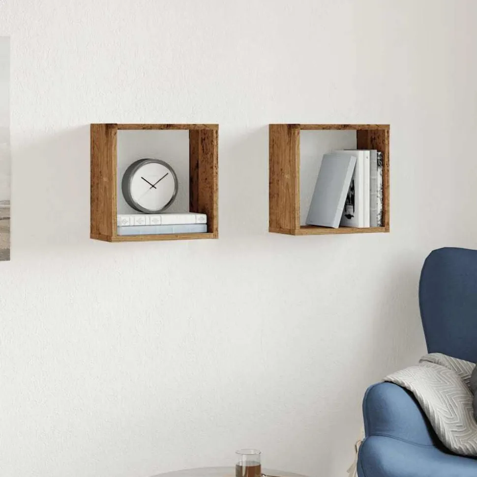 vidaXL Wandschappen kubus 2 st 30x15x30cm bewerkt hout oud houtkleurig