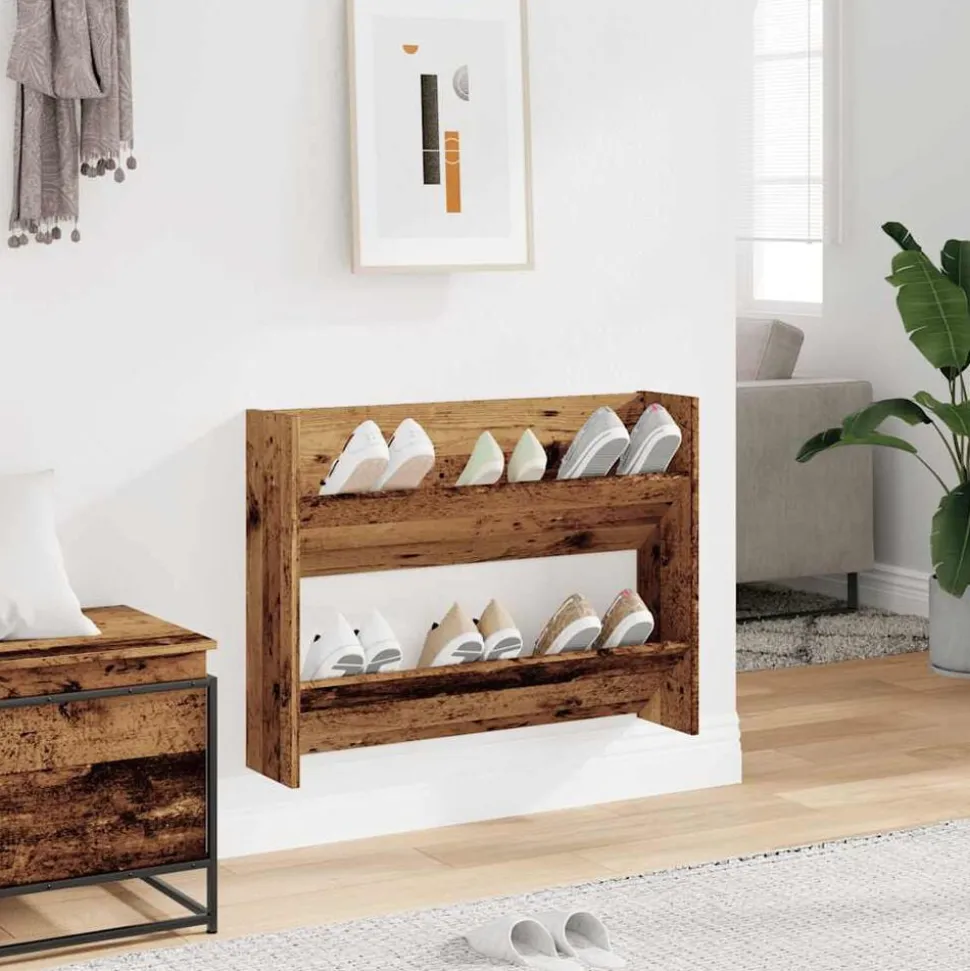 vidaXL Wandschoenenkast 80x18x60 cm bewerkt hout oud houtkleurig