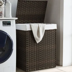 vidaXL Wasmand met deksel 46x33x60 cm poly rattan donkerbruin