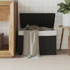 vidaXL Wasmand met deksel 55,5x35x34 cm poly rattan zwart