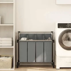 vidaXL Wasmand met wielen 4 vakken grijs