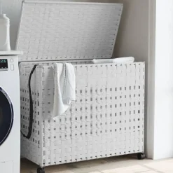 vidaXL Wasmand op wielen 66x35x60 cm rattan wit