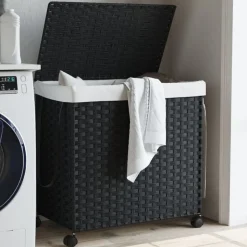 vidaXL Wasmand op wielen 60x35x60,5 cm rattan zwart