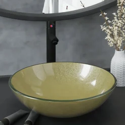 vidaXL Wastafel met kraan en pop-up afvoer gehard glas goudkleurig