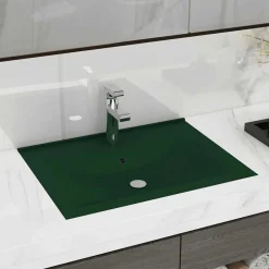vidaXL Wastafel met kraangat 60x46 cm keramiek mat donkergroen