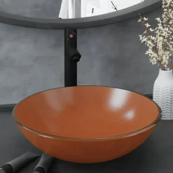 vidaXL Wastafel met kraan en pop-up afvoer gehard glas bruin