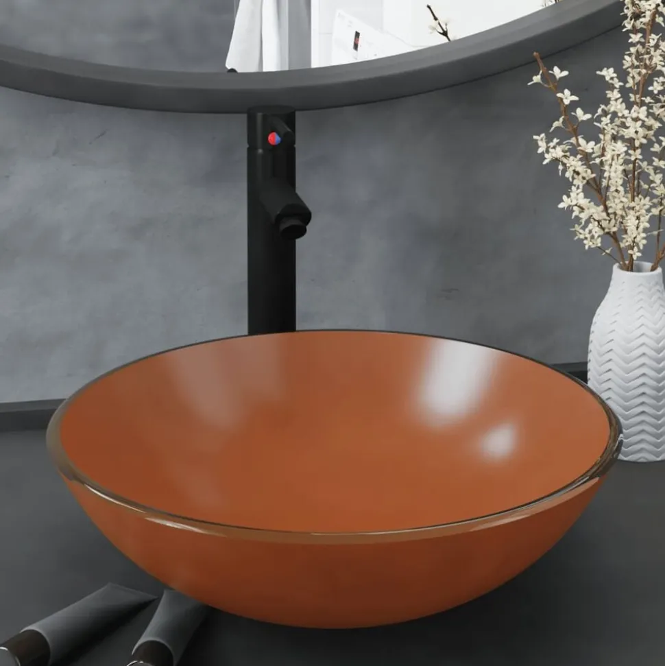 vidaXL Wastafel met kraan en pop-up afvoer gehard glas bruin