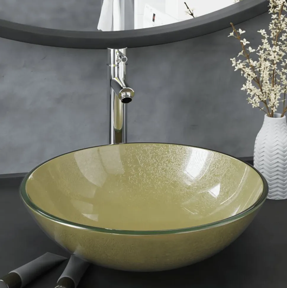 vidaXL Wastafel met kraan en pop-up afvoer gehard glas goudkleurig