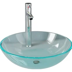 vidaXL Wastafel met kraan en pop-up afvoer gehard glas transparant