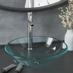 vidaXL Wastafel met kraan en pop-up afvoer gehard glas transparant