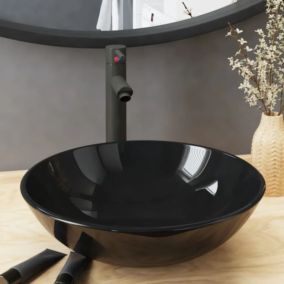 vidaXL Wastafel met kraan en pop-up afvoer gehard glas zwart