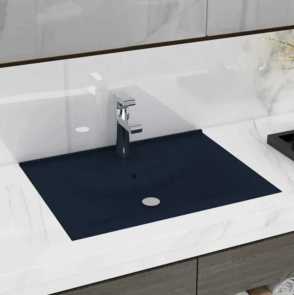 vidaXL Wastafel met kraangat 60x46 cm keramiek mat donkerblauw