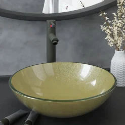 vidaXL Wastafel met kraan en pop-up afvoer gehard glas goudkleurig