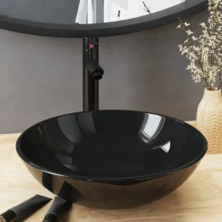 vidaXL Wastafel met kraan en pop-up afvoer gehard glas zwart