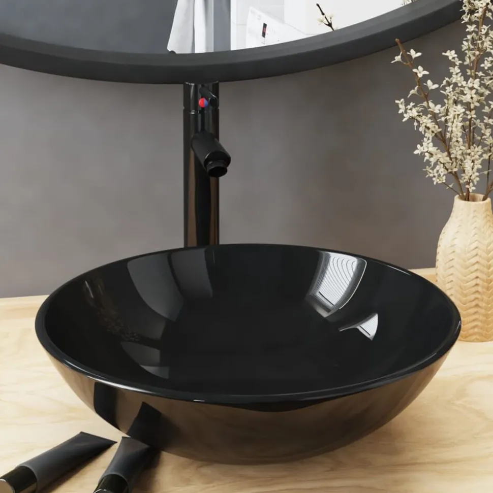 vidaXL Wastafel met kraan en pop-up afvoer gehard glas zwart