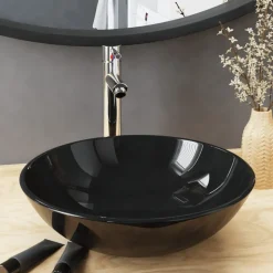 vidaXL Wastafel met kraan en pop-up afvoer gehard glas zwart