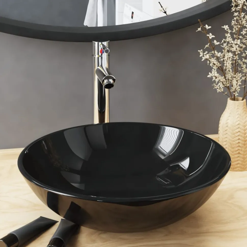 vidaXL Wastafel met kraan en pop-up afvoer gehard glas zwart