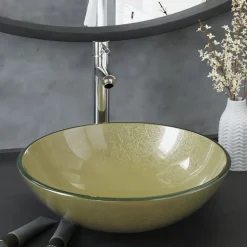 vidaXL Wastafel met kraan en pop-up afvoer gehard glas goudkleurig