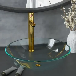 vidaXL Wastafel met kraan en pop-up afvoer gehard glas transparant