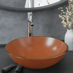 vidaXL Wastafel met kraan en pop-up afvoer gehard glas bruin