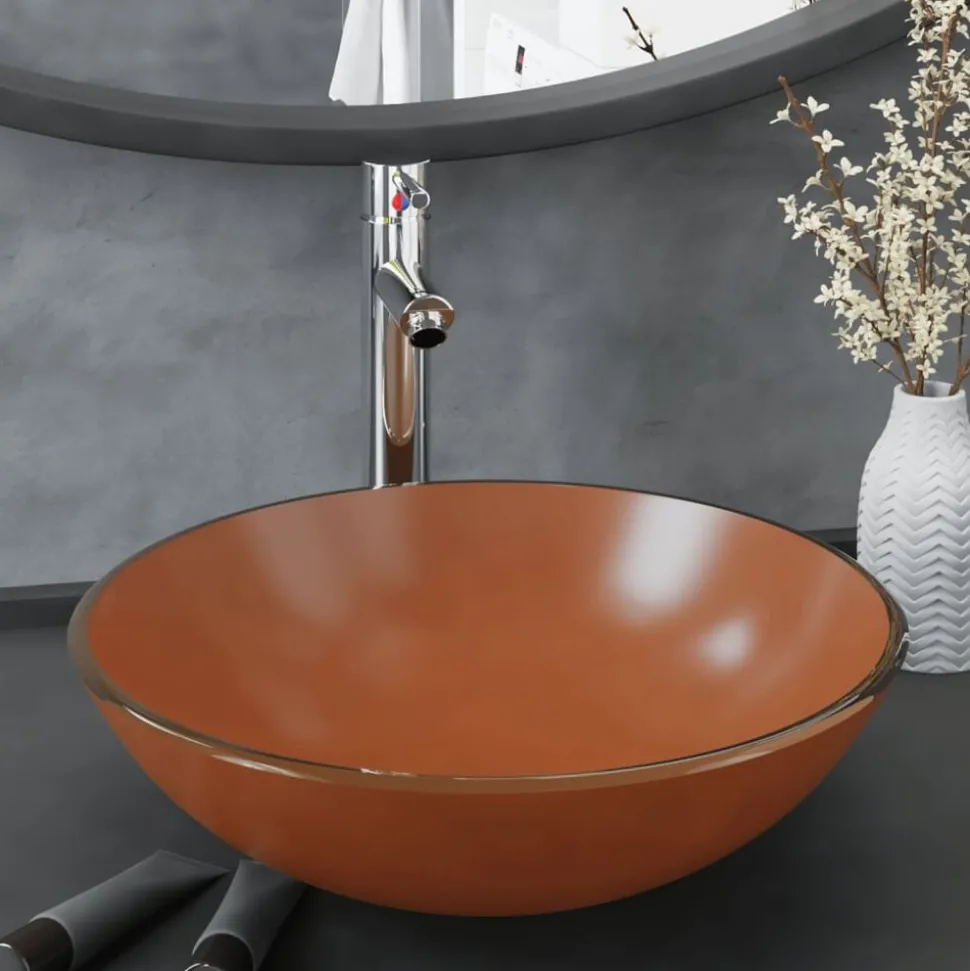 vidaXL Wastafel met kraan en pop-up afvoer gehard glas bruin