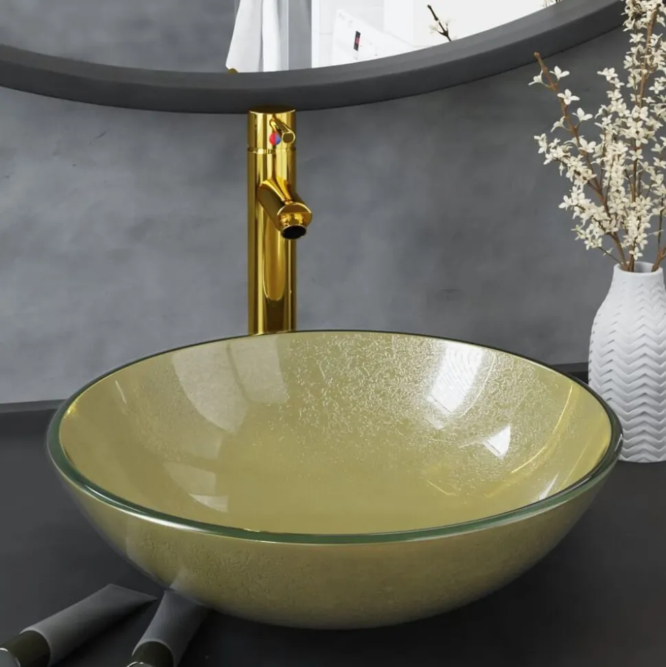 vidaXL Wastafel met kraan en pop-up afvoer gehard glas goudkleurig