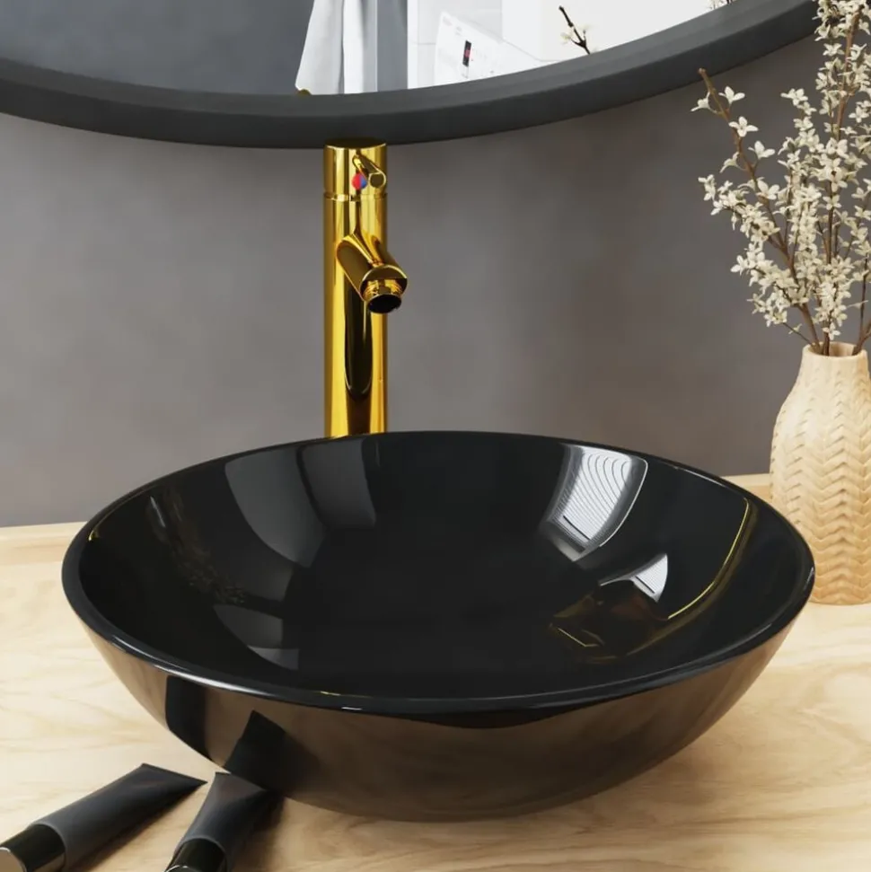 vidaXL Wastafel met kraan en pop-up afvoer gehard glas zwart