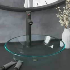 vidaXL Wastafel met kraan en pop-up afvoer gehard glas transparant