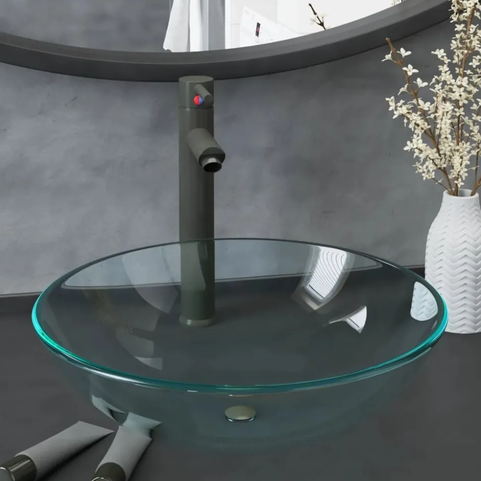 vidaXL Wastafel met kraan en pop-up afvoer gehard glas transparant
