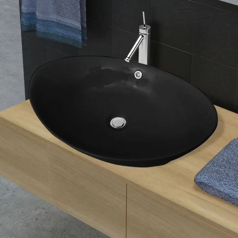 vidaXL Wastafel met overloop zwart ovaal keramiek 59 x 38,5 cm